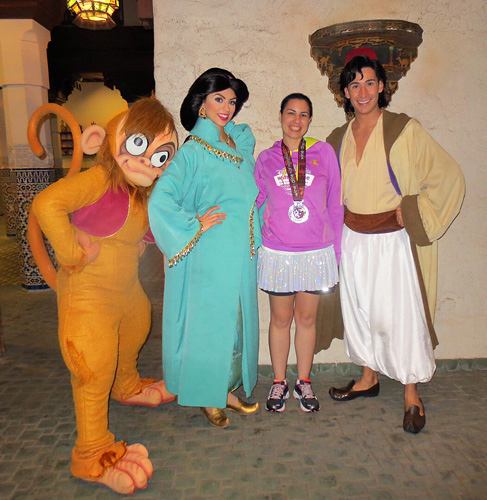 Meeting Aladdin, Jasmine and Abu at Disney World during rundisney Wine and Dine Half Marathon