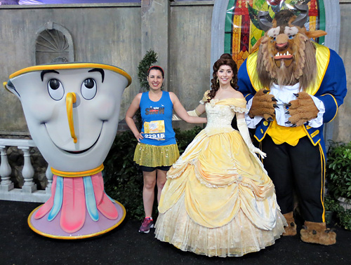 Meeting Belle and Chip and Beast at rundisney princess half marathon at Disney World