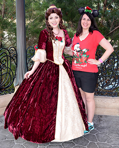 Meeting Belle in red Christmas Dress at Disney World
