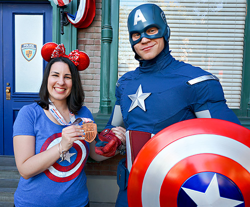 Meeting Captain America with rundisney Avengers 5k medal at Disneyland