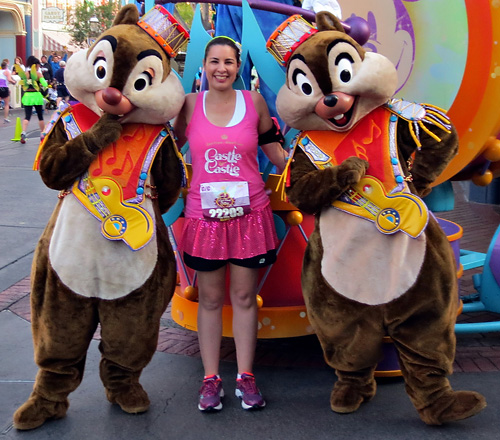 Meeting Chip and Dale at Disneyland during rundisney Tinker Bell Half Marathon
