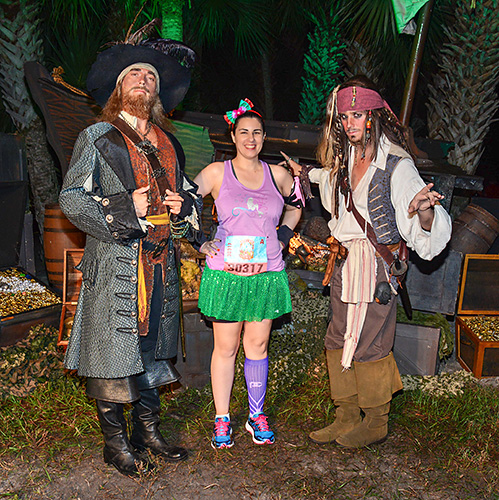 Meeting Captain Jack Sparrow and Captain Hector Barbossa at rundisney wine and dine half marathon 10k at Disney World