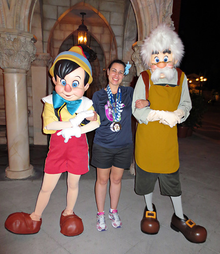 Meeting Pinocchio and Gepetto at Disney World during rundisney Wine and Dine Half Marathon