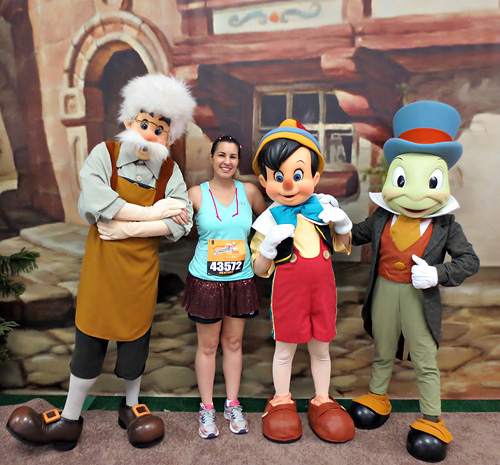 Meeting Pinocchio, Geppetto and Jiminy Cricket at Disney World during rundisney race retreat