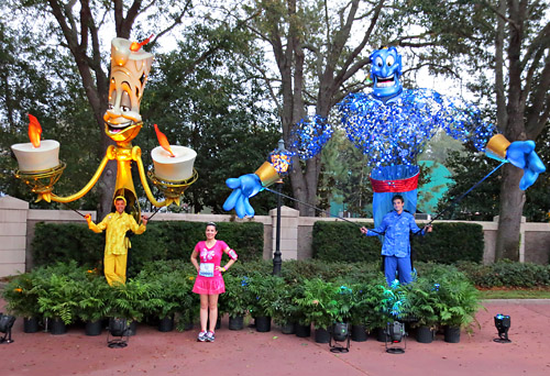 Meeting Genie and Lumiere World of Color Puppet at Disney World during rundisney princess Half Marathon 10k