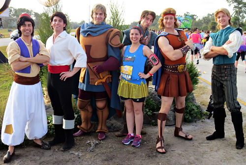 Meeting Aladdin, Hercules, Phoebus, Prince Eric, Flynn Rider, and John Smith at rundisney princess half marathon at Disney World