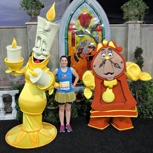 Meeting Lumiere and Cogsworth at rundisney princess half marathon at Disney World