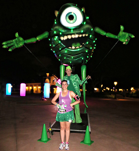 Meeting Mike Wazowski World of Color Puppet at Disney World during rundisney Wine and Dine Half Marathon