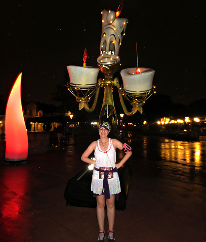 Meeting Lumiere World of Color Puppet at Disney World during rundisney Wine and Dine Half Marathon