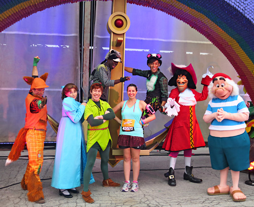 Meeting Peter Pan, Wendy, Captain Hook, Mr Smee, and Lost Boys at rundisney Disney World Half Marathon