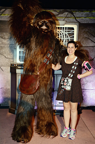 Meeting Chewbacca at rundisney Dark Side 5k at Disney World