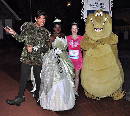 Meeting Tiana, Prince Naveen and Louis at rundisney princess half marathon 10k at Disney World