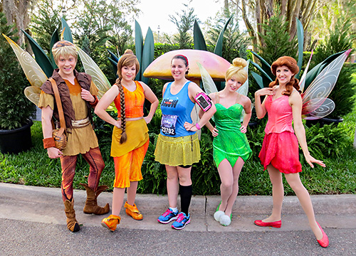 Meeting Tinker Bell, Rosetta, Terence and Fawn at rundisney princess half marathon at Disney World