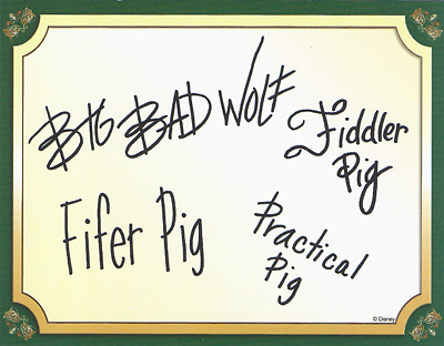 Autograph card for Fiddler Pig, Fifer Pig, and Practical Pig and Big Bad Wolf at Disney World