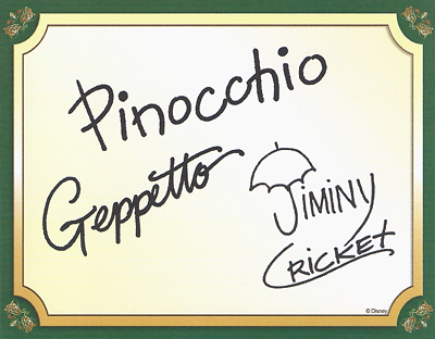 Pinocchio, Geppetto and Jiminy Cricket Autograph Card at Disney World