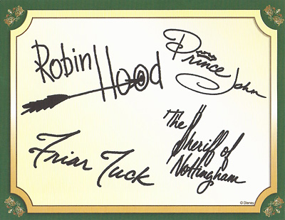 Autograph card for Robin Hood, Friar Tuck, Sheriff of Nottingham, and Prince John at Disney World