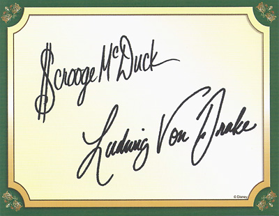 Scrooge McDuck and Ludwig Von Drake Autograph Card at Disney World